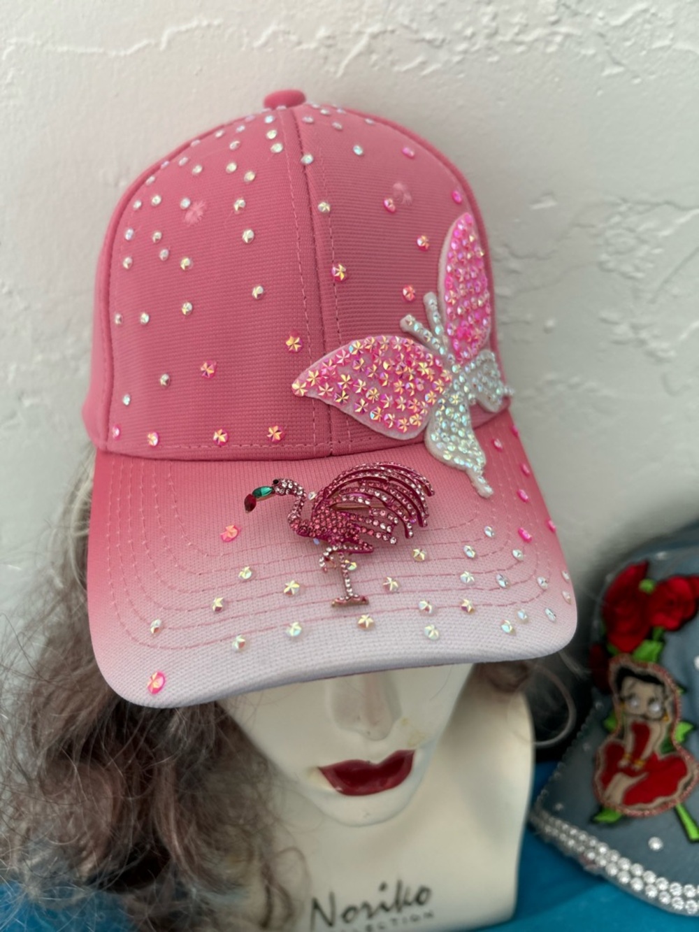 Private Label Pink Ombre Baseball Cap with Rhinestone Butterfly & Flamingo